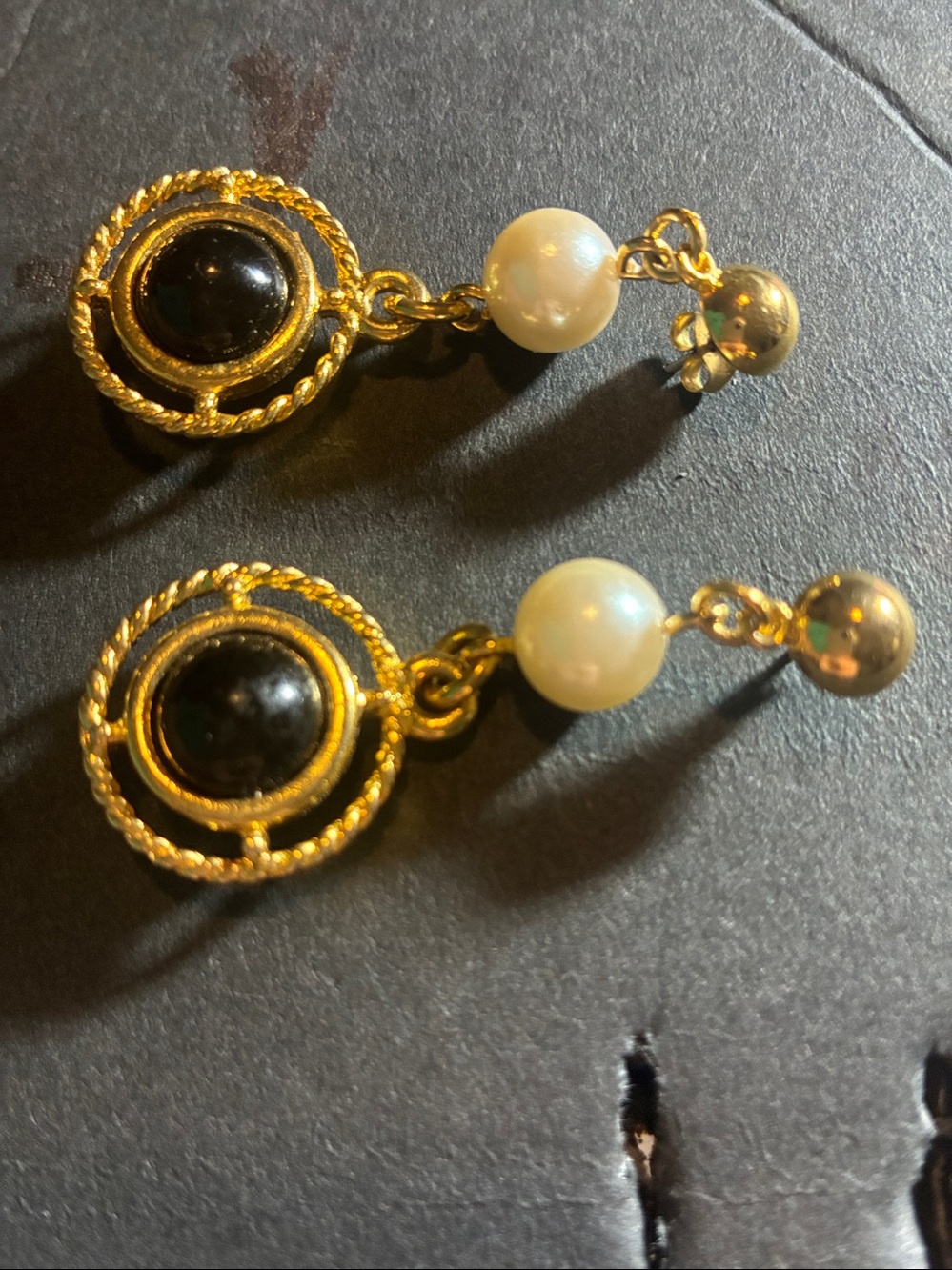 Vintage Gold-Tone Pearl Drop Earrings with Black Cabochon
